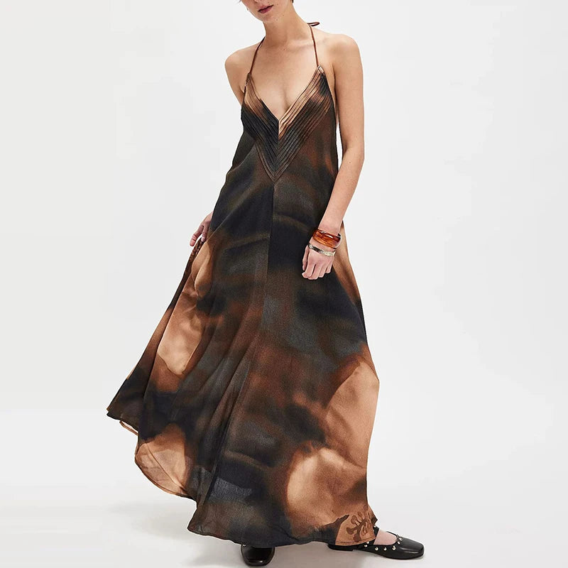 Backless Tie Dye Maxi Beach Dress With Halter Neck