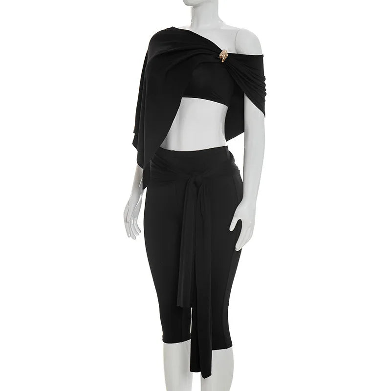 Irregular One Shoulder Crop Top And Capri Pants Set