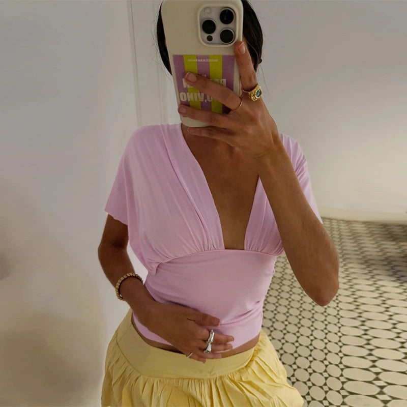 Women Halter Neck Backless Elastic V Neck Crop Top