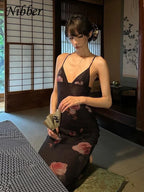 Floral Rose Print Backless Halter Maxi Dress