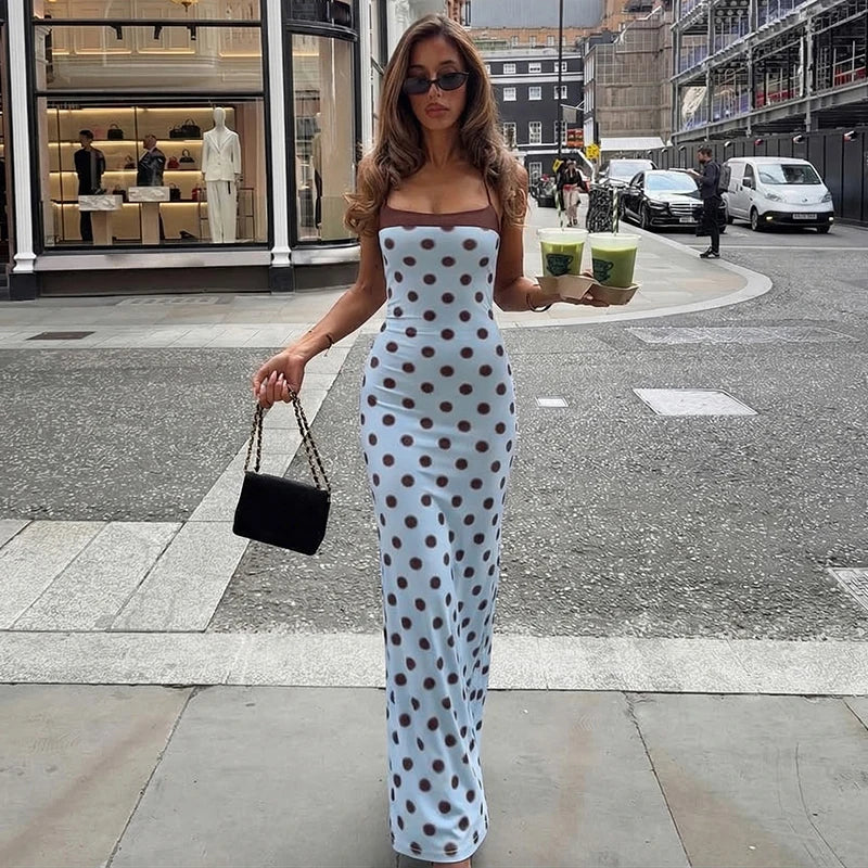 Blue Polka Dot Halter Maxi Dress For Women Color Block Backless Lace Up