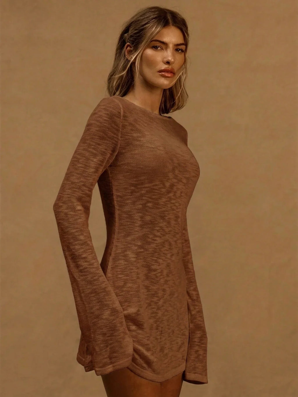 A Line Knit Mini Dress With Slash Neck And Bell Sleeves