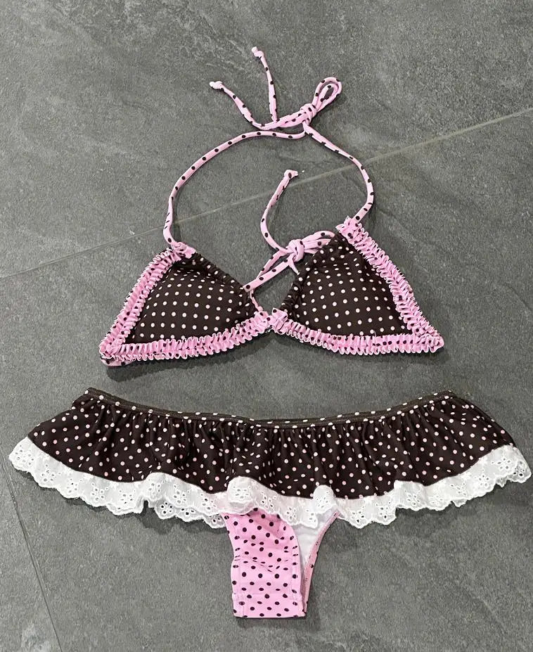 Polka Dot Halter Bikini Set With Ruffle Skirt Bottoms Two Piece Beach Swimsuit For Summer