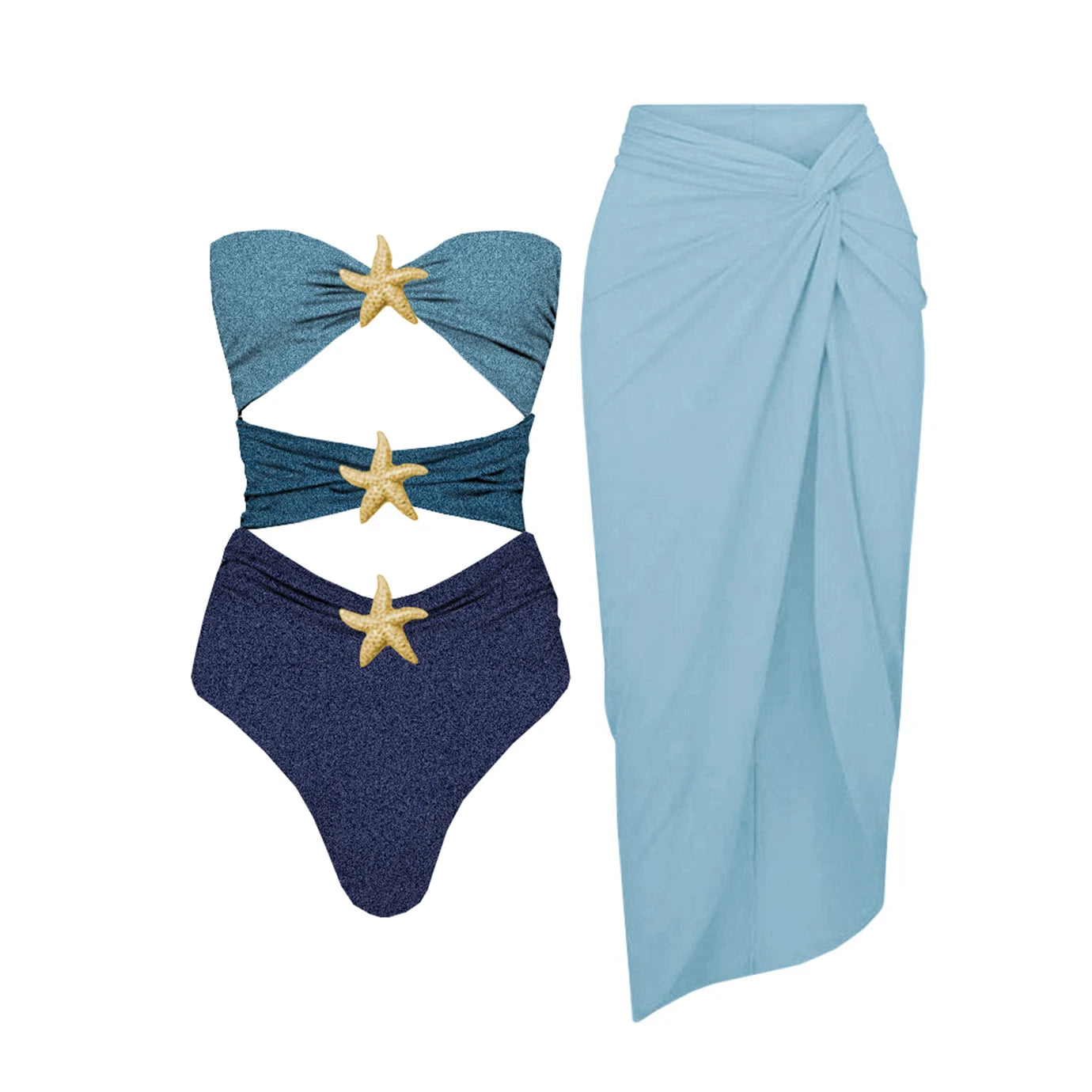 Off Shoulder Patchwork Belted One Piece Swimsuit With Cover Up for Beachside