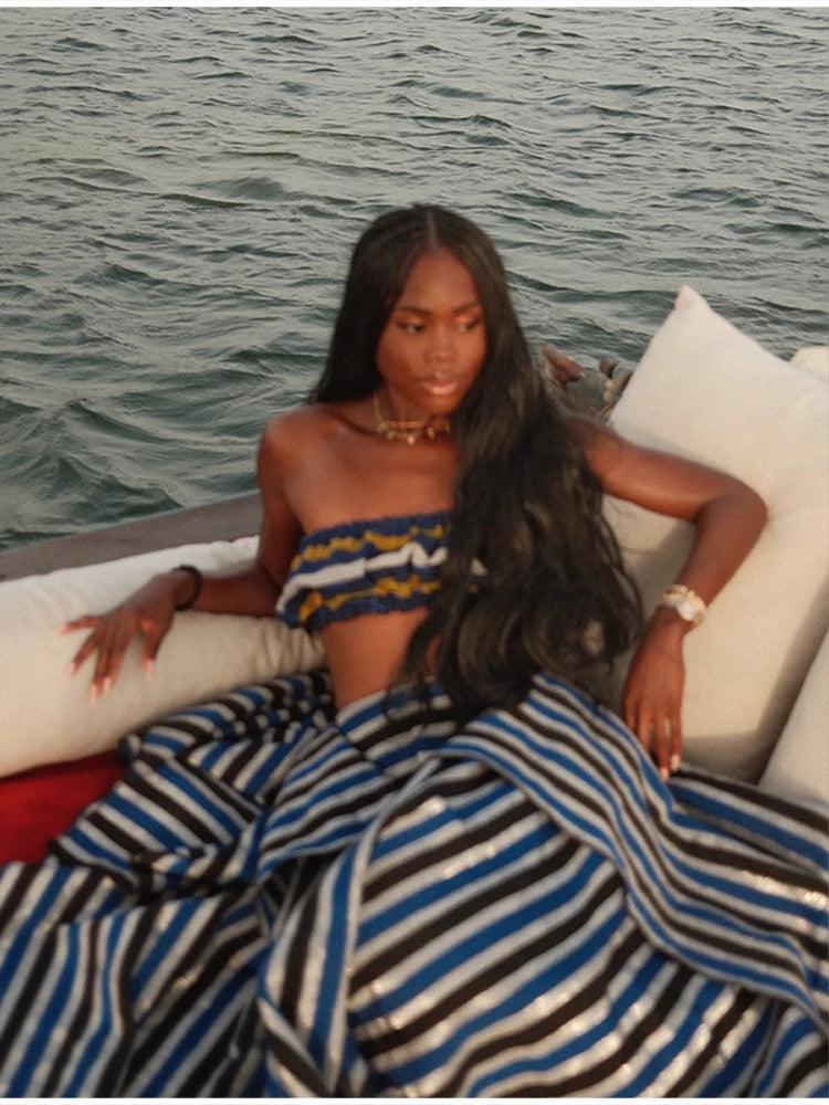 Bohemian Blue Striped Two-piece Set Strapless Ruffled Crop Top Tiered Maxi Skirt