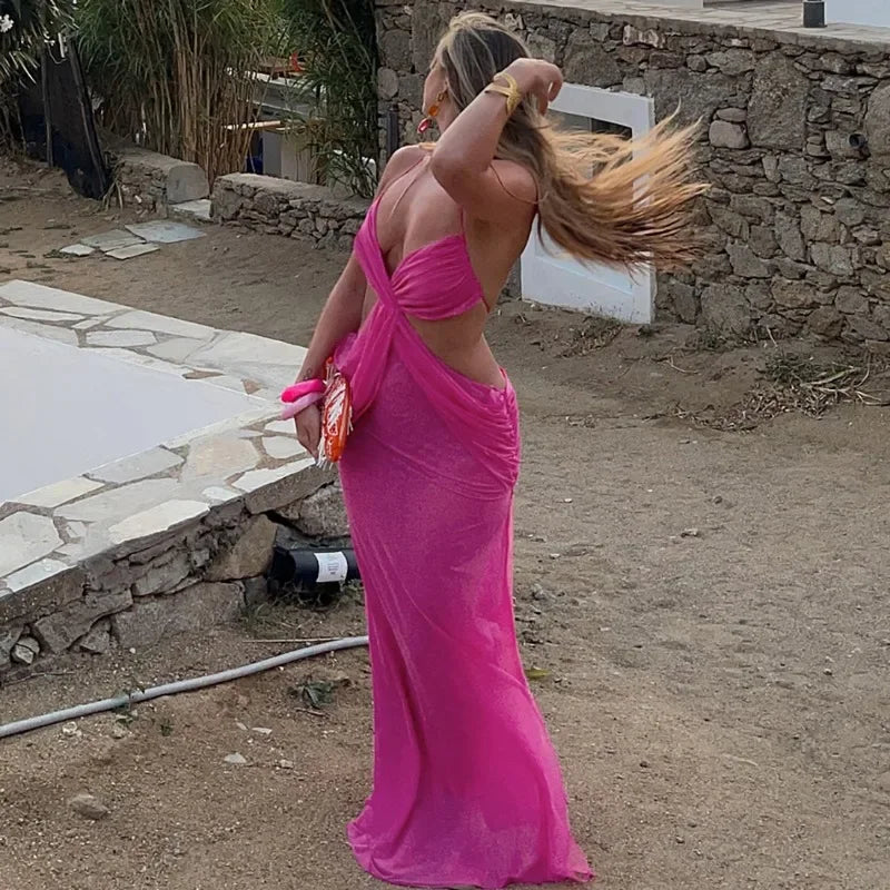 Ruched Mesh Maxi Dress With Cross See Through Halter Backless Bodice