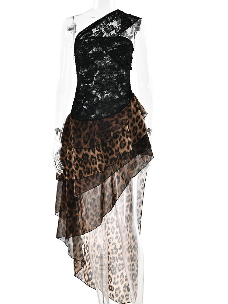Leopard Patchwork Lace Dress One Shoulder With Ruffle Sheer Elegance