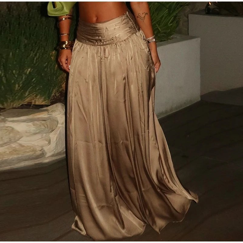 Champagne Satin Skirt Set For Women Halter Backless Crop Top And Maxi Pleated Skirt
