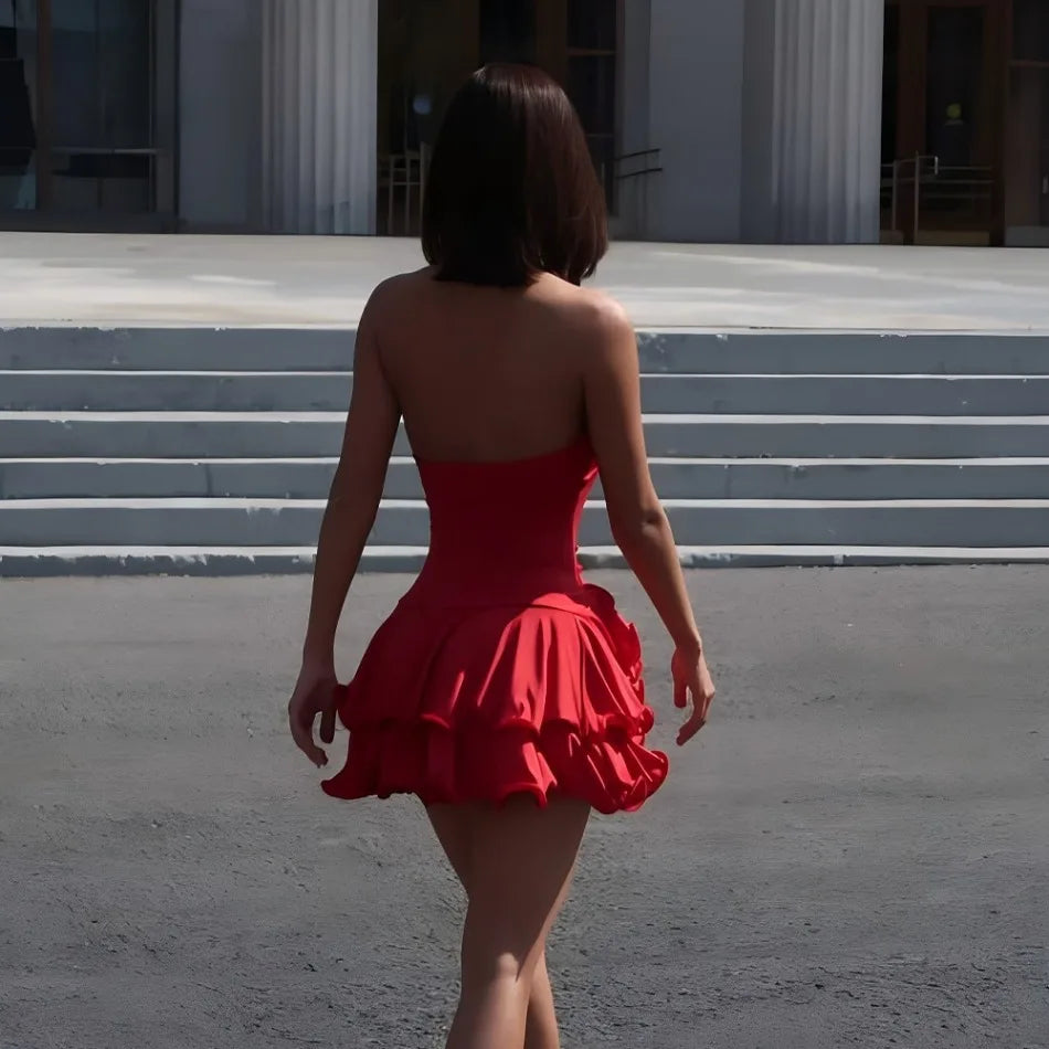 Ruffled Hem Sleeveless Mini Dress With V Neck Backless Irregular A Line Bodycon Streetwear Chic