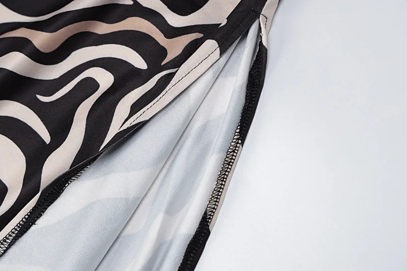 Zebra Print Maxi Dress With Lace Patchwork And Backless Slit l