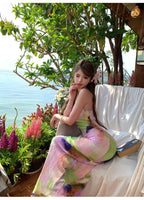 Pink Tie Dye Spaghetti Strap Maxi Dress For Beach Vacation Pleated Sleeveless Elegant Bodycon