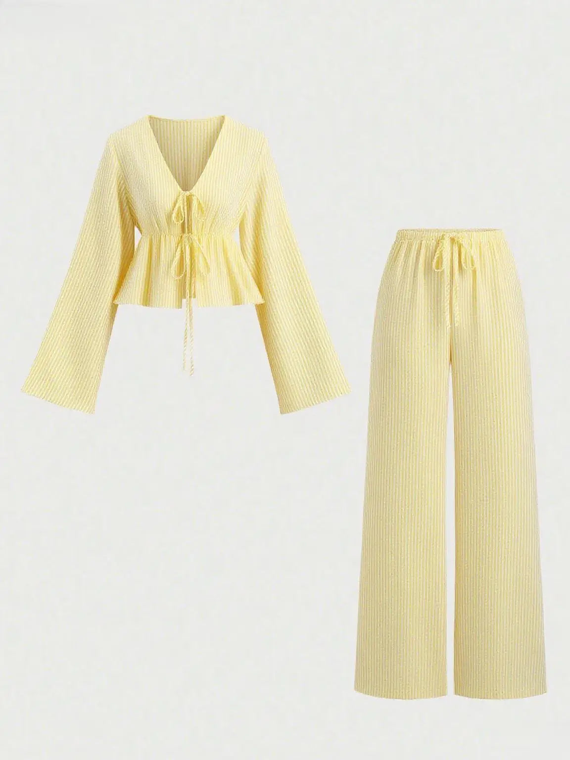 Striped Lace Up Two Piece Set V Neck Top And Elastic Waist Pants