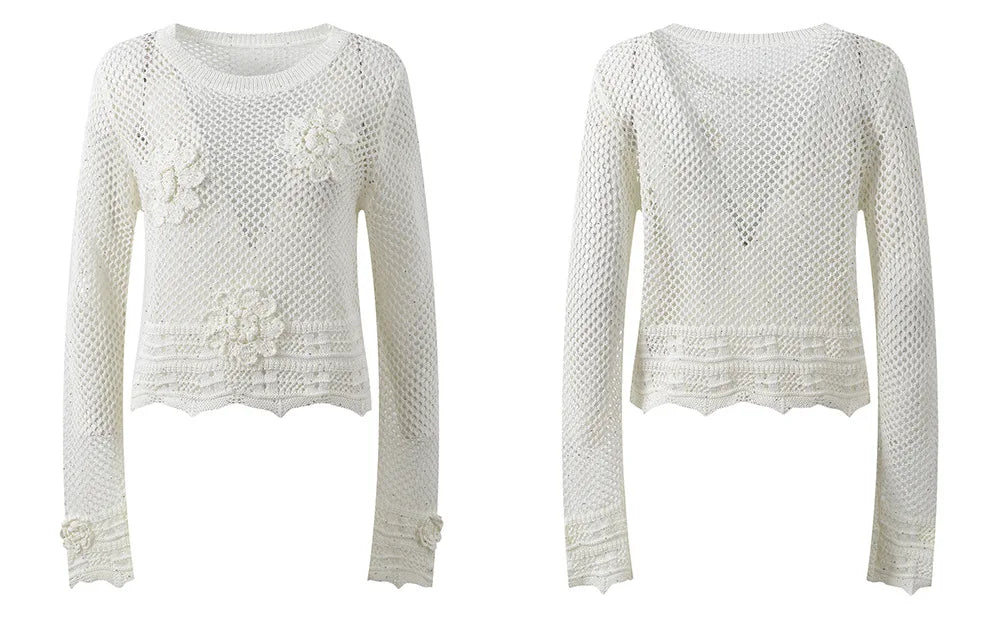 Sunlit Hollow Knit Top Elegant Long Sleeve Jumper Lightweight Sweater