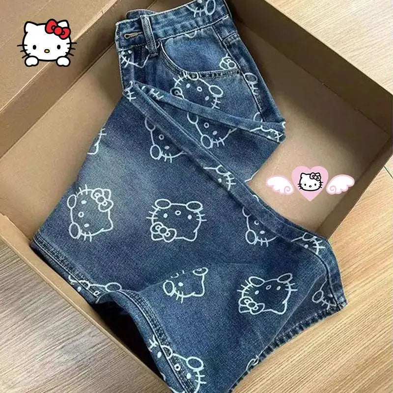 Kawaii Cartoon Print High Waist Wide Leg Jeans