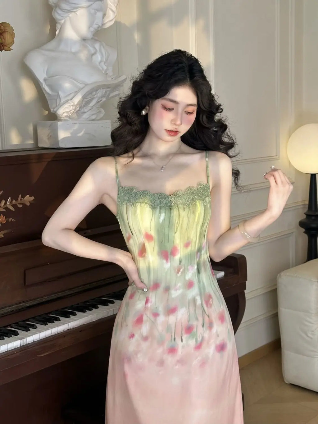 Oil Paint Swirl Dyed Dress Set With Strap Camisole And Long Skirt