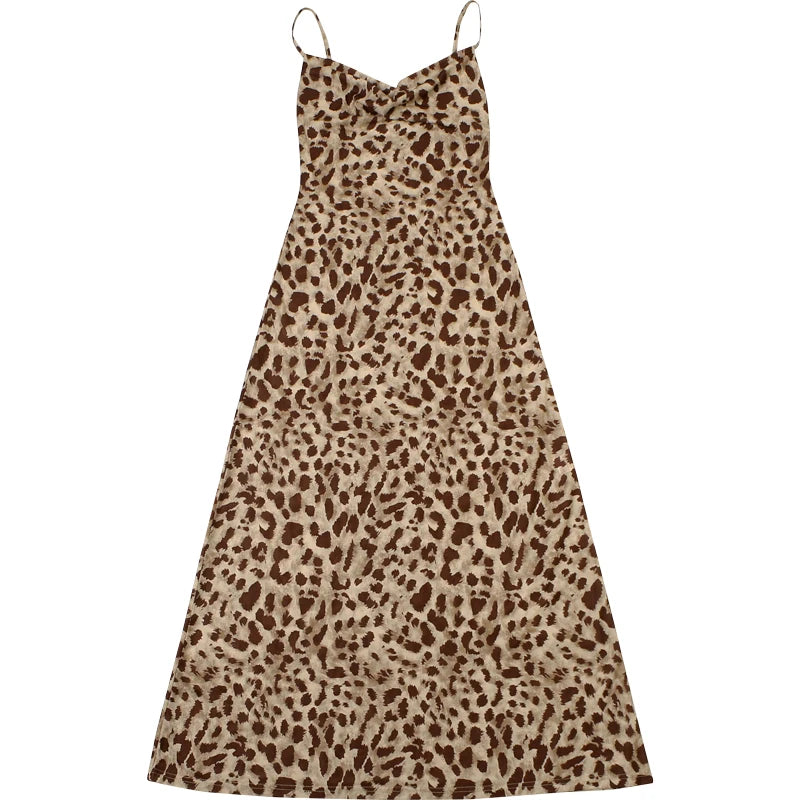Leopard Print Spaghetti Strap Backless Dress With Ruffle Hem