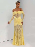 Off Shoulder Pleated Maxi Dress With Lace Patchwork