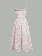 Blush Pink Floral Dress With Thin Straps And Flared Waist