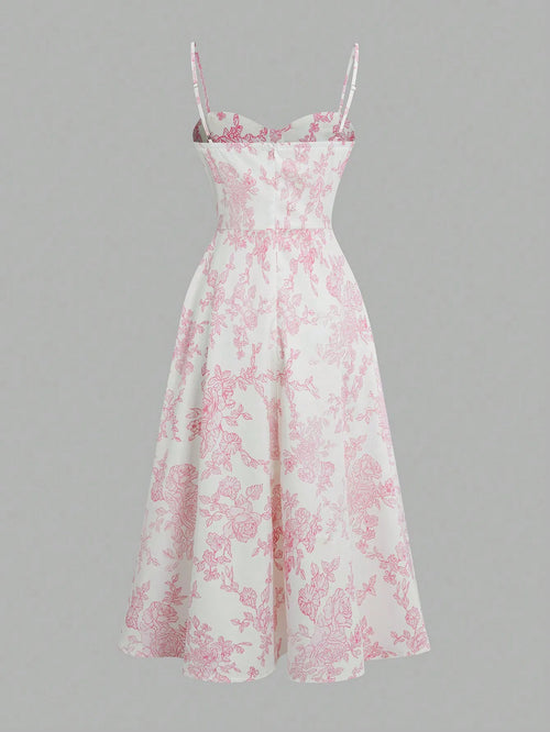 Blush Pink Floral Dress With Thin Straps And Flared Waist