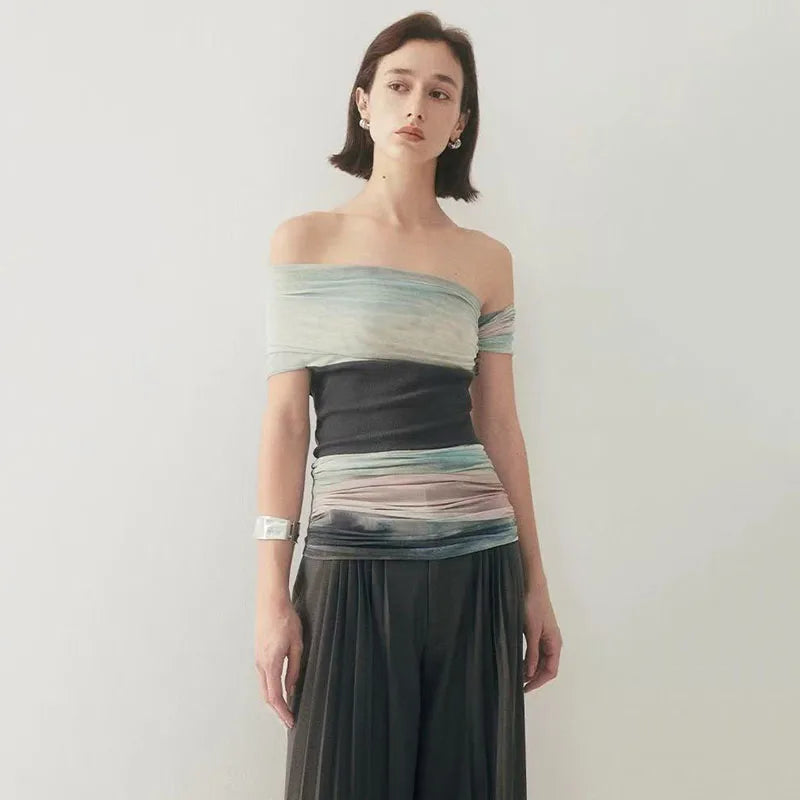 Bold Tie Dye Mesh Crop Top With Slash Neck And Patchwork