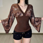 V Neck Patchwork Tee With Batwing Sleeves Retro Aesthetic Top