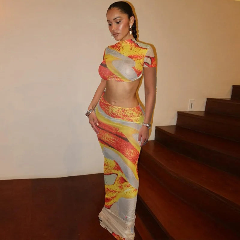 Beach Print Set With Crop Top And Long Dress