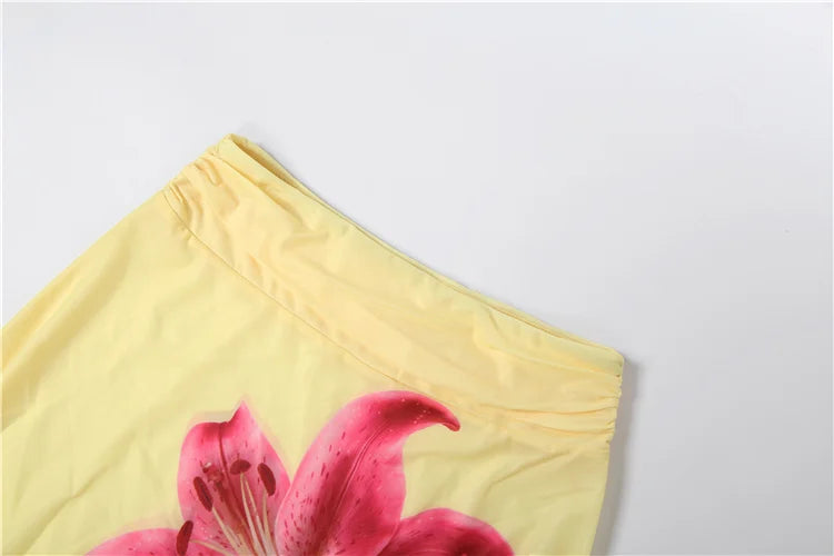 Floral Print Mini Skirt With Elastic Waist Gradient Mesh Tassel Detail