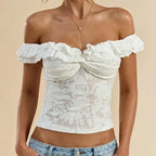 Flirty Sheer Lace Crop Top With Ruffle Trim Off Shoulder Twist