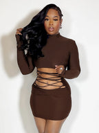 Hollow Out Bandage Mini Dress With High Collar And Long Sleeves