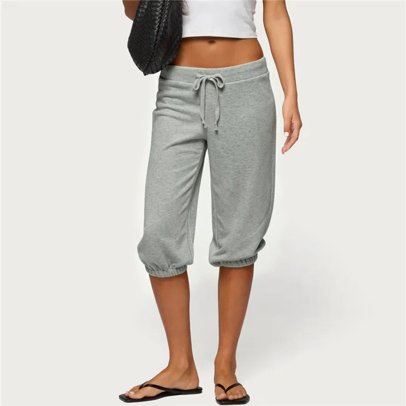 Women Vintage Y2K Low Waist Capri Sweatpants Drawstring Loose 3/4 Length Cropped Pants