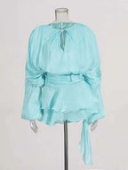 Lace Up V Neck Mini Dress For Women Long Sleeve
