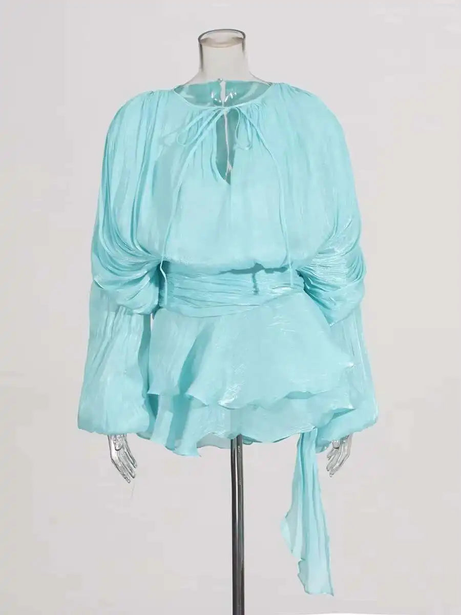 Lace Up V Neck Mini Dress For Women Long Sleeve