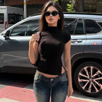 Turtleneck Crop Tank With Slit And Button Details