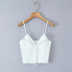 Wave Edged White Camis Sexy Bow V Neck Cotton Slim Crop Top