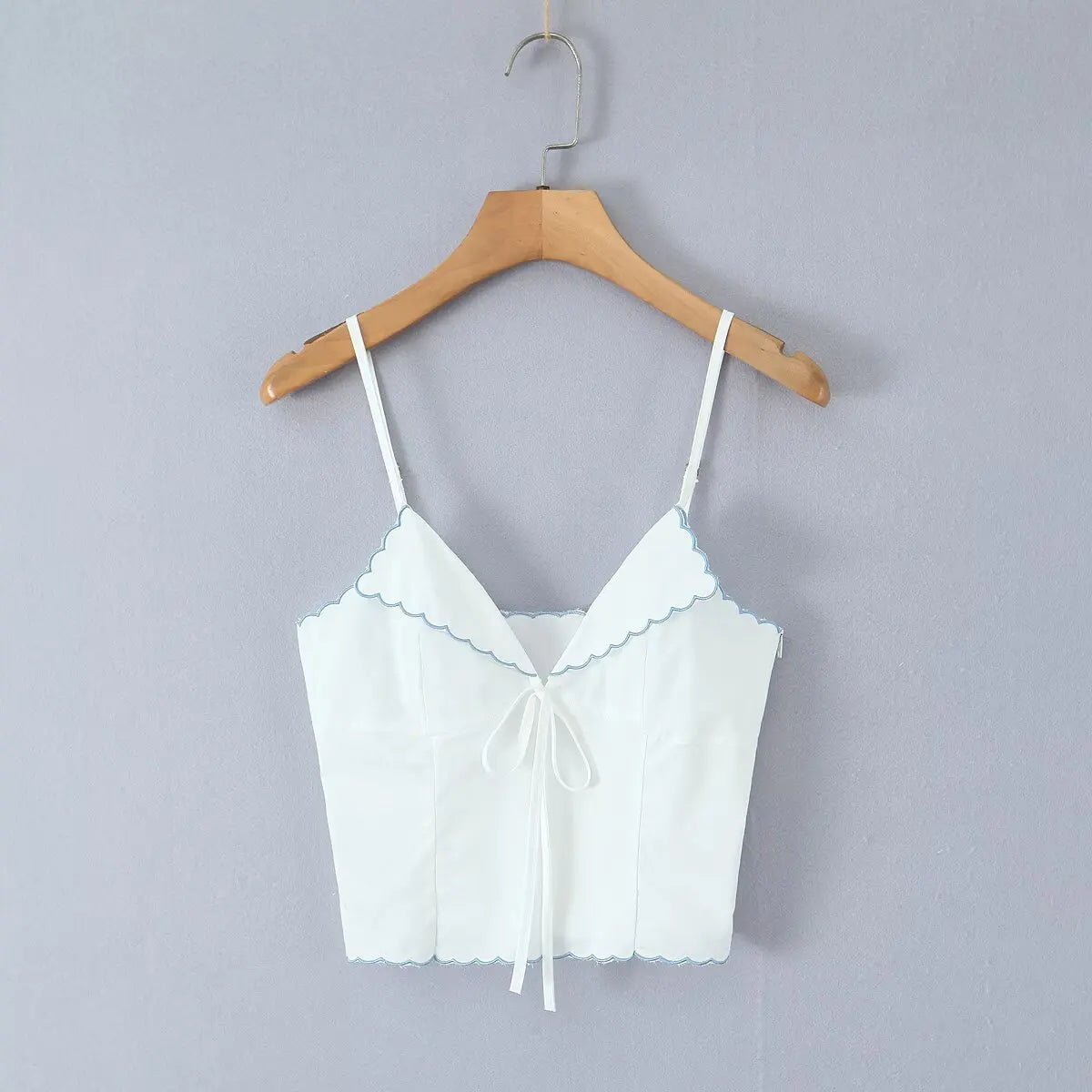 Wave Edged White Camis Sexy Bow V Neck Cotton Slim Crop Top