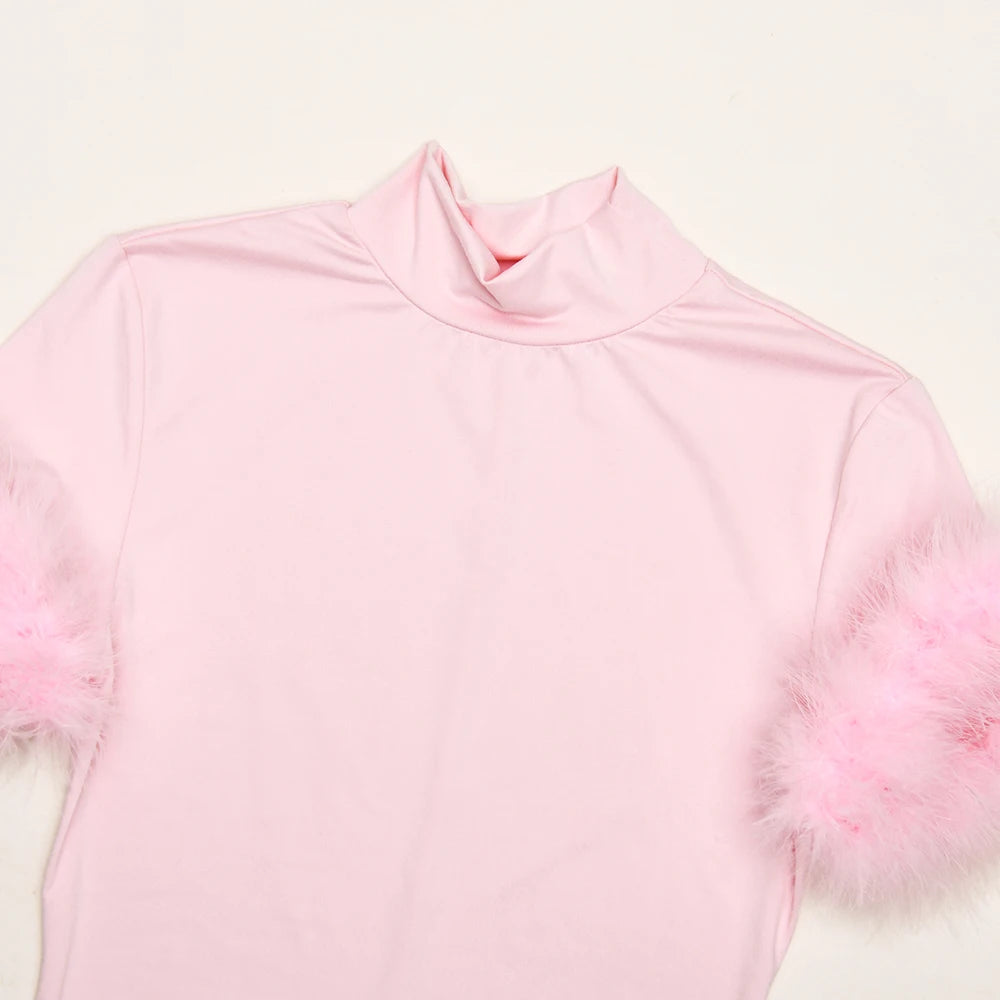 Patchwork Feather Sleeve Turtleneck Top Short Sleeve Tee