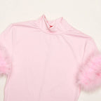 Patchwork Feather Sleeve Turtleneck Top Short Sleeve Tee