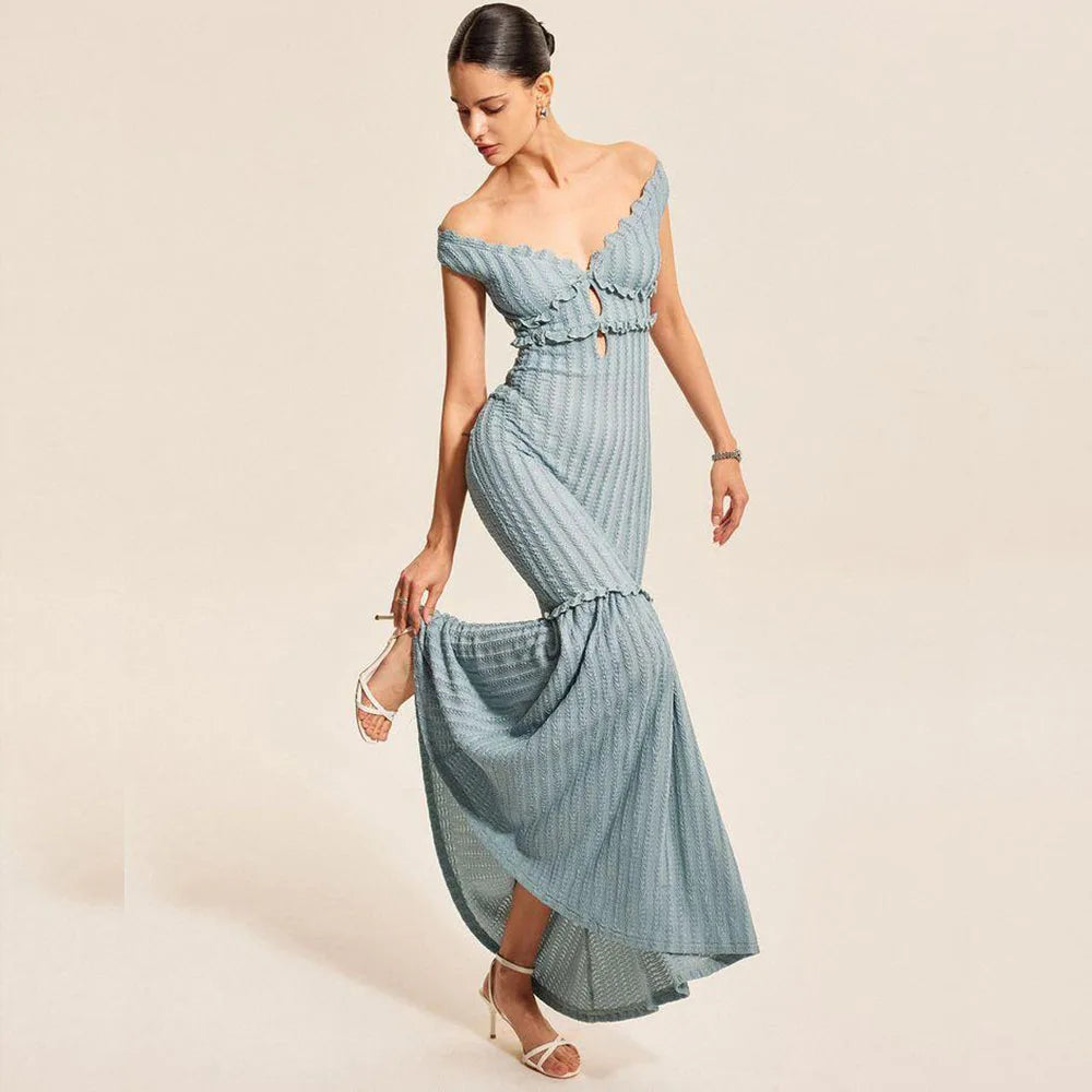 Off Shoulder Mermaid Evening Dress Floor Length Gown Elegant Pleated Silhouette