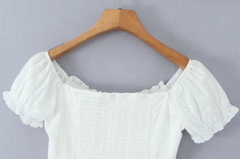 Women Sweet Lace Patchwork Bow Tied Blouses French Slash Neck Short Sleeve