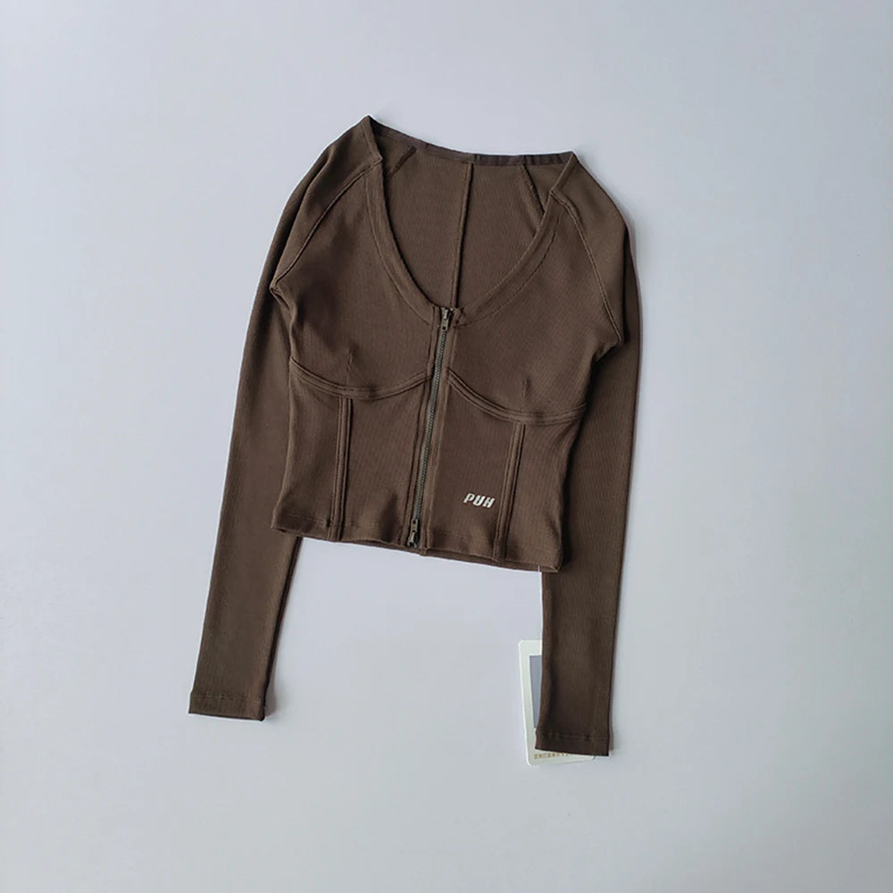 Flow Zip Front Top for Women with V Neck Long Sleeve