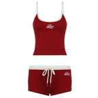 Embroidery Letter Contrast Set With Backless Camisole Top And Drawstring Elastic Shorts