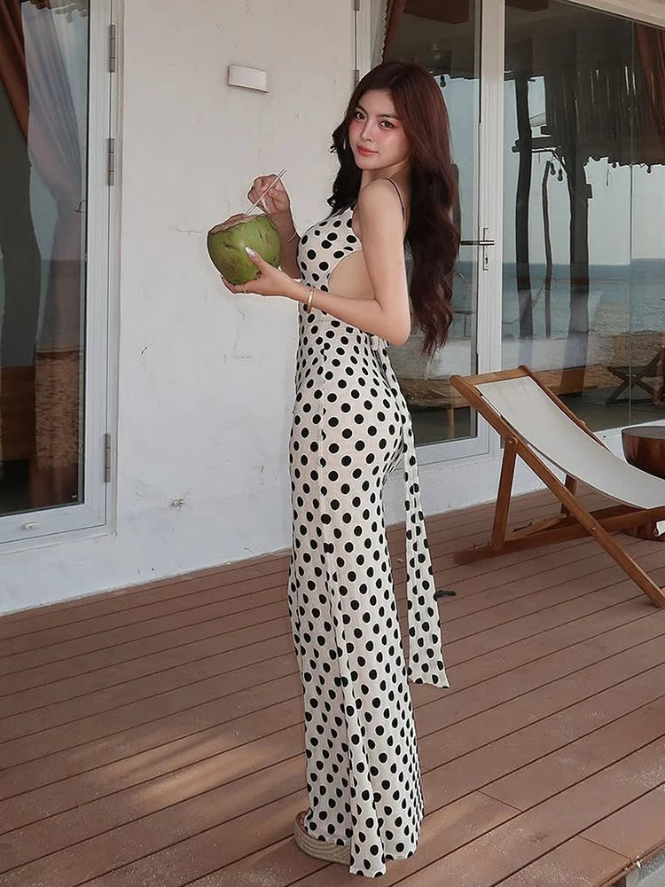 Cute Polka Dot Backless Maxi Dress