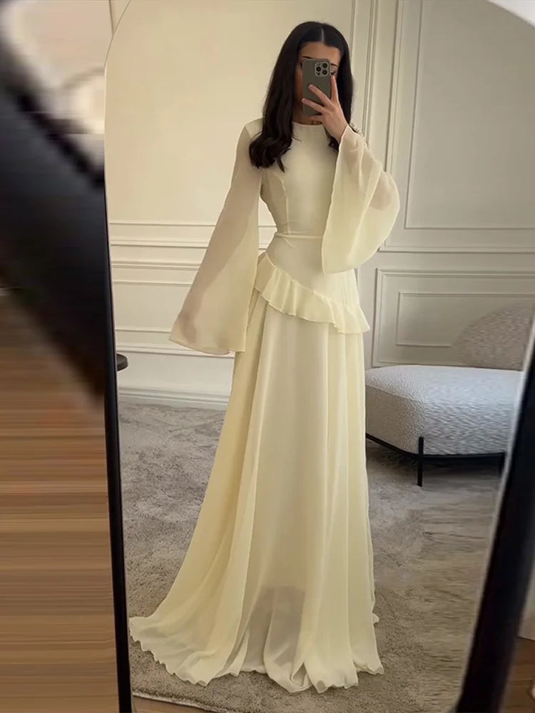 Flare Sleeve Maxi Dress With Ruffle Detail O Neck High Waist Pleated