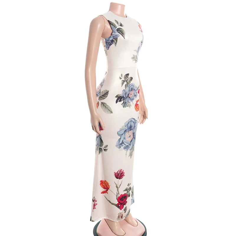 Floral Garden Maxi Dress With Round Neck Sleeveless Slim Fit Elegant Style