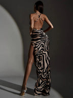 Zebra Print Maxi Dress With Lace Patchwork And Backless Slit l