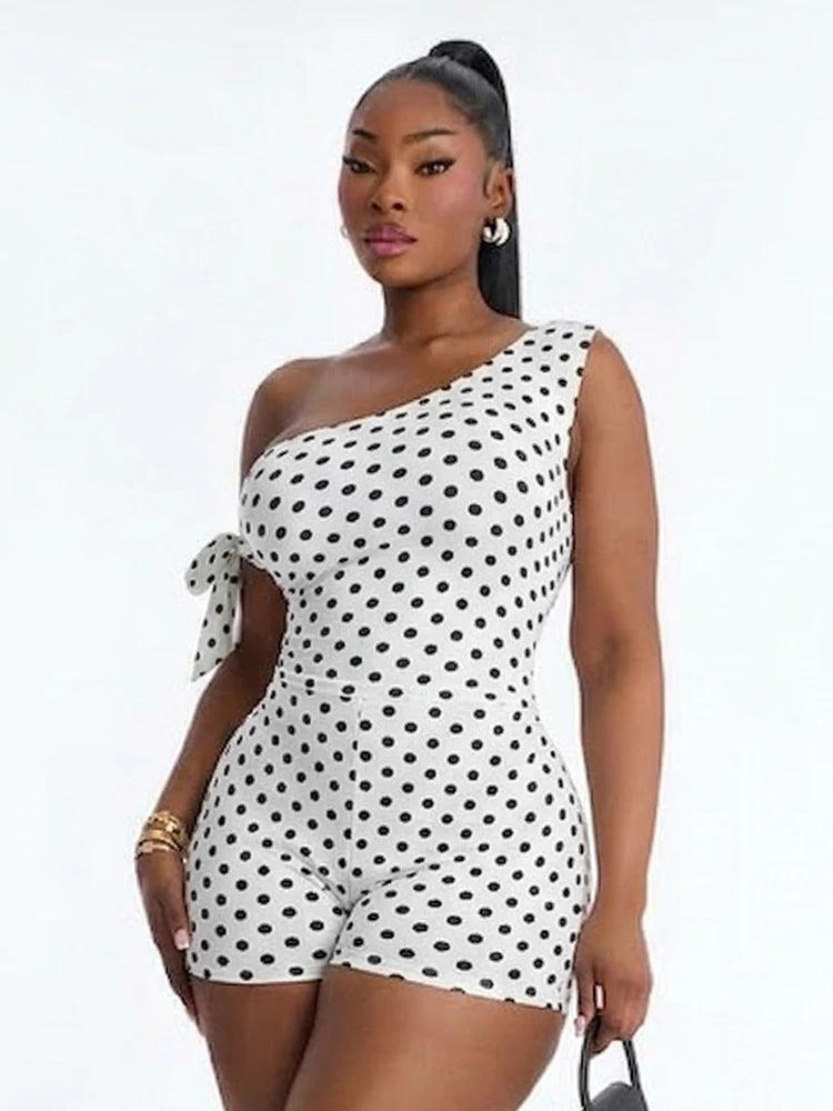 Polka Dot Playsuit With Tassel Details Sleeveless Low-Neck