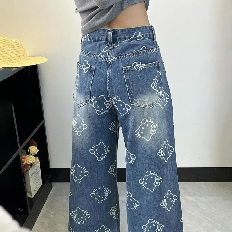 Kawaii Cartoon Print High Waist Wide Leg Jeans
