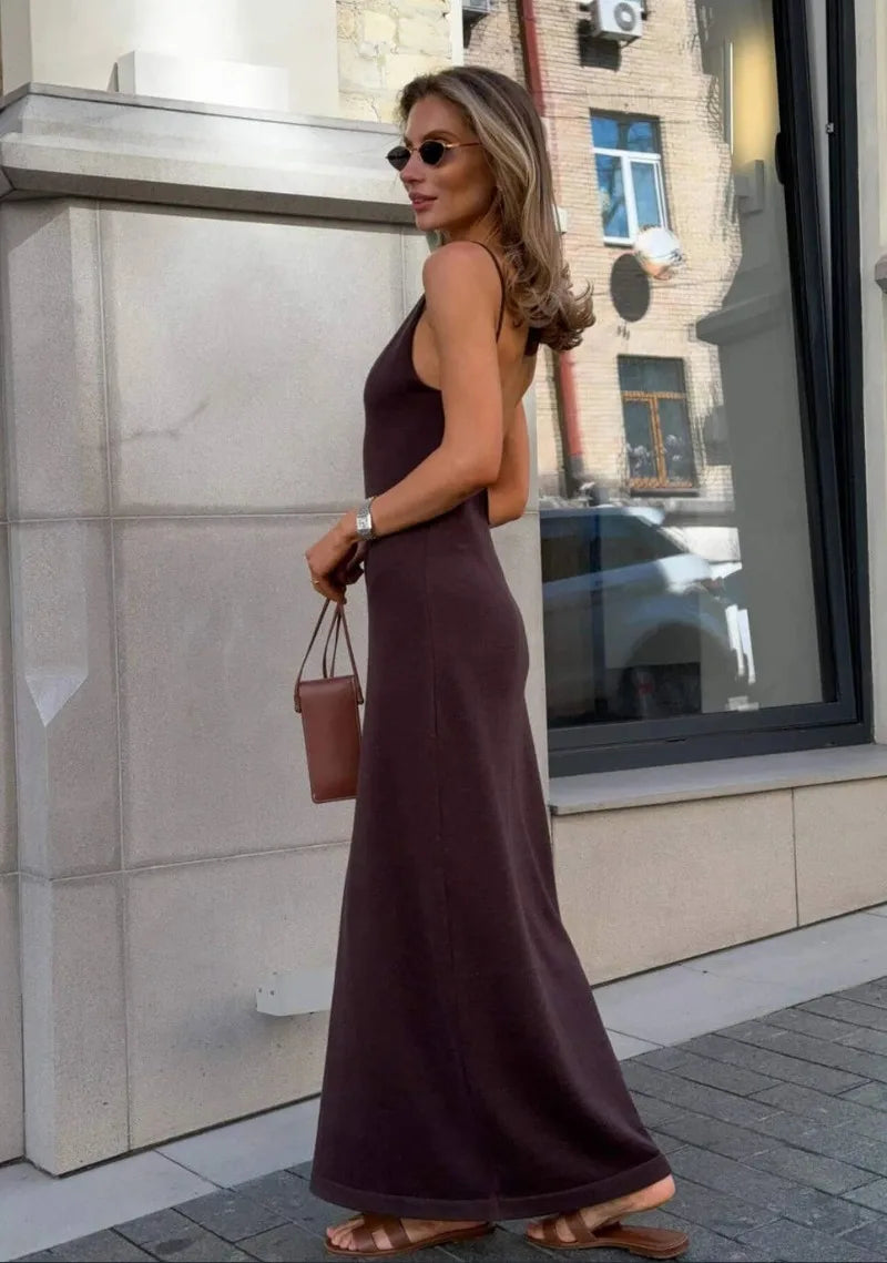 Elegant Deep V Knit Maxi Dress With Backless Suspender Detail