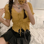 Soft Knit V Neck Cropped Ribbed Short Sleeve Tee