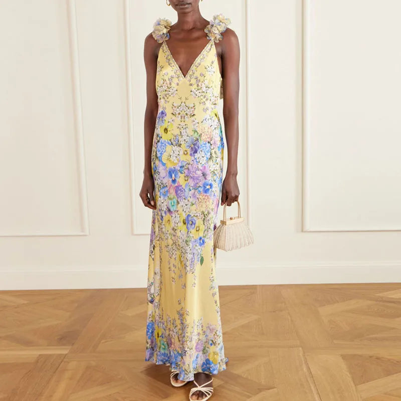 Floral Boho Sleeveless Maxi Dress With Flower Straps V Neck